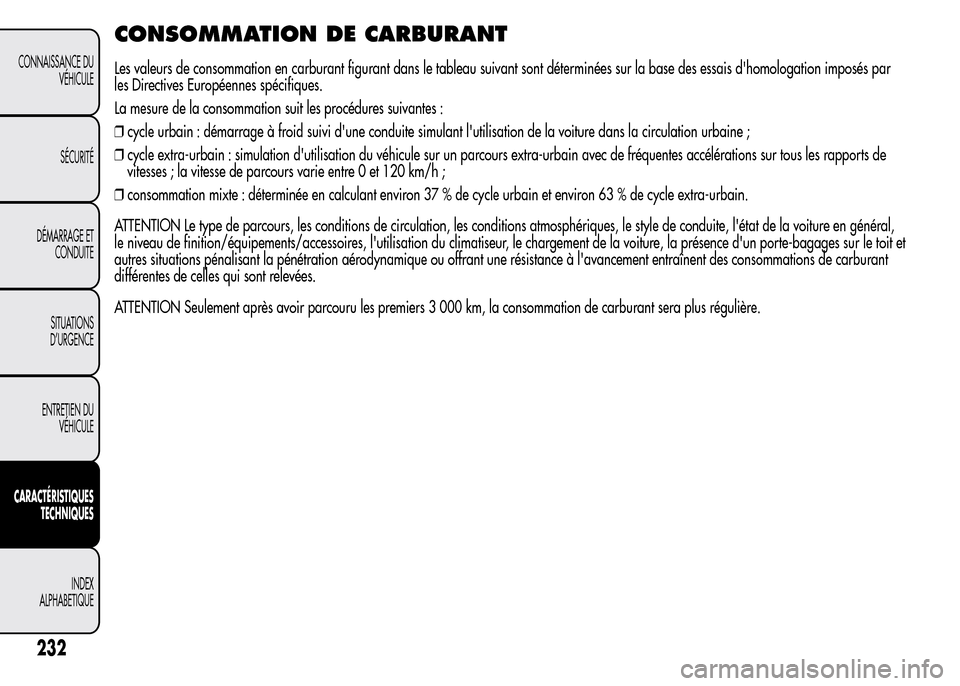 Alfa Romeo MiTo 2016  Manuel du propriétaire (in French) CONSOMMATION DE CARBURANT
Les valeurs de consommation en carburant figurant dans le tableau suivant sont déterminées sur la base des essais dhomologation imposés par
les Directives Européennes sp