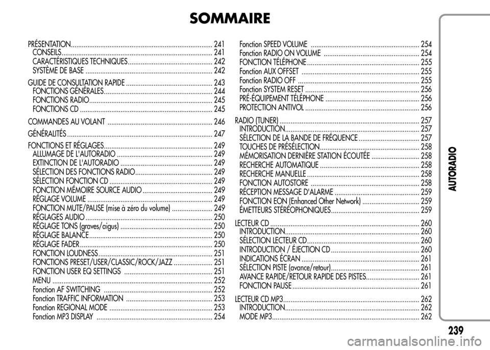 Alfa Romeo MiTo 2016 Manuel du propriétaire (in French) SOMMAIRE
PRÉSENTATION............................................................................. 241
CONSEILS .................................................................................. 241
Alfa Romeo MiTo 2016 Manuel du propriétaire (in French) SOMMAIRE
PRÉSENTATION............................................................................. 241
CONSEILS .................................................................................. 241