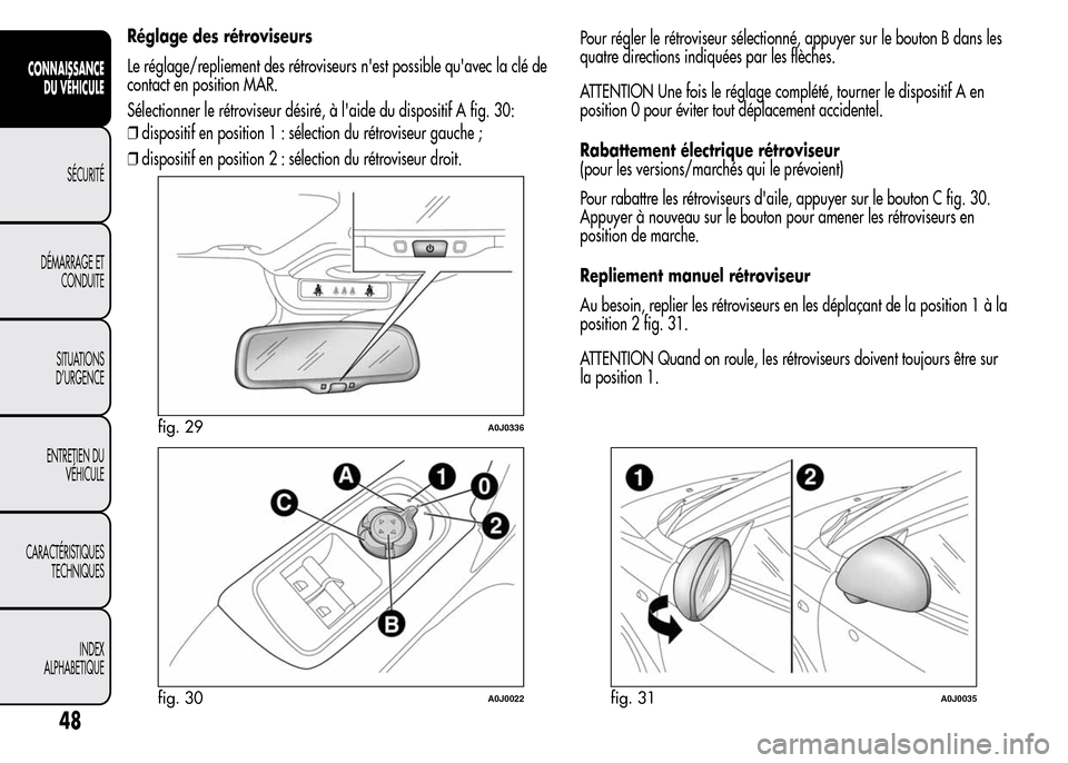 Alfa Romeo MiTo 2016 Manuel du propriétaire (in French) Réglage des rétroviseurs
Le réglage/repliement des rétroviseurs nest possible quavec la clé de
contact en position MAR.
Sélectionner le rétroviseur désiré, à laide du dispositif A fig. 30 Alfa Romeo MiTo 2016 Manuel du propriétaire (in French) Réglage des rétroviseurs
Le réglage/repliement des rétroviseurs nest possible quavec la clé de
contact en position MAR.
Sélectionner le rétroviseur désiré, à laide du dispositif A fig. 30