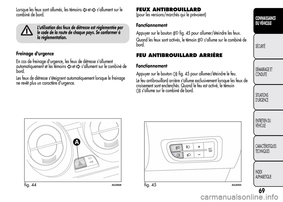 Alfa Romeo MiTo 2016  Manuel du propriétaire (in French) Lorsque les feux sont allumés, les témoinsetsallument sur le
combiné de bord.
Lutilisation des feux de détresse est réglementée par
le code de la route de chaque pays. Se conformer à
la régl