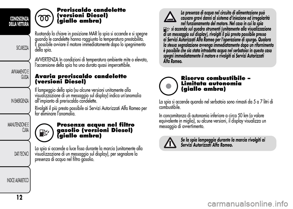 Alfa Romeo MiTo 2016 Manuale del proprietario (in Italian) Preriscaldo candelette
(versioni Diesel)
(giallo ambra)
Ruotando la chiave in posizione MAR la spia si accende e si spegne
quando le candelette hanno raggiunto la temperatura prestabilita.
È possibil Alfa Romeo MiTo 2016 Manuale del proprietario (in Italian) Preriscaldo candelette
(versioni Diesel)
(giallo ambra)
Ruotando la chiave in posizione MAR la spia si accende e si spegne
quando le candelette hanno raggiunto la temperatura prestabilita.
È possibil
