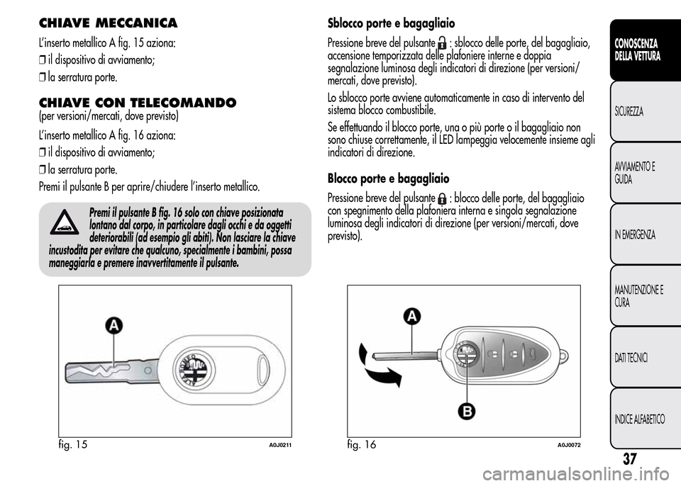 Alfa Romeo MiTo 2016  Manuale del proprietario (in Italian) CHIAVE MECCANICA
L’inserto metallico A fig. 15 aziona:
❒il dispositivo di avviamento;
❒la serratura porte.
CHIAVE CON TELECOMANDO
(per versioni/mercati, dove previsto)
L’inserto metallico A fi