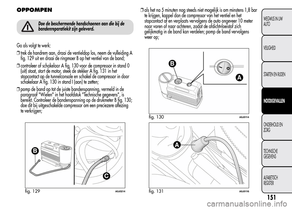 Alfa Romeo MiTo 2016  Handleiding (in Dutch) OPPOMPEN
Doe de beschermende handschoenen aan die bij de
bandenreparatiekit zijn geleverd.
Ga als volgt te werk:
❒trek de handrem aan, draai de ventieldop los, neem de vulleiding A
fig. 129 uit en d