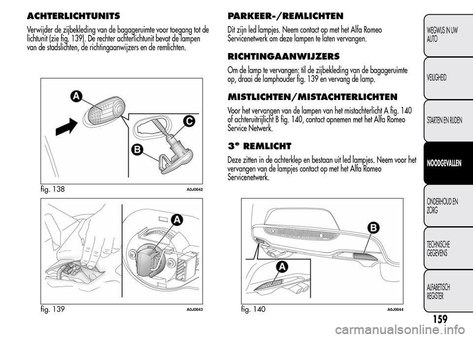 Alfa Romeo MiTo 2016  Handleiding (in Dutch) ACHTERLICHTUNITS
Verwijder de zijbekleding van de bagageruimte voor toegang tot de
lichtunit (zie fig. 139). De rechter achterlichtunit bevat de lampen
van de stadslichten, de richtingaanwijzers en de