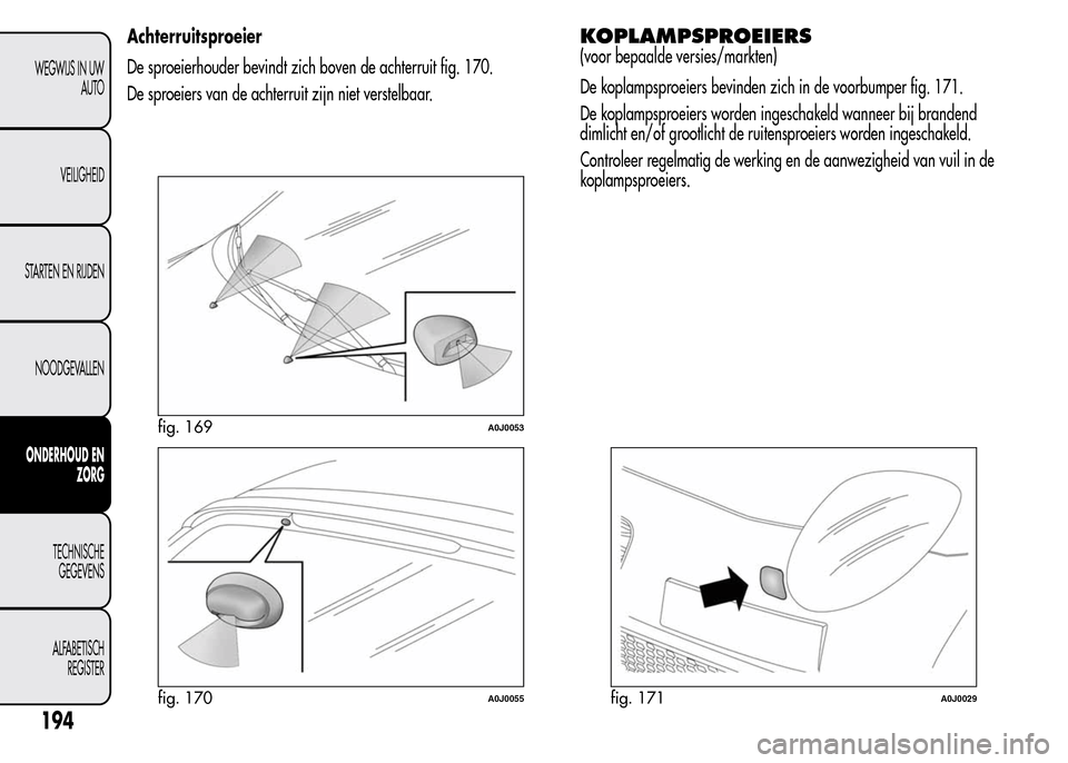 Alfa Romeo MiTo 2016  Handleiding (in Dutch) Achterruitsproeier
De sproeierhouder bevindt zich boven de achterruit fig. 170.
De sproeiers van de achterruit zijn niet verstelbaar.KOPLAMPSPROEIERS
(voor bepaalde versies/markten)
De koplampsproeier