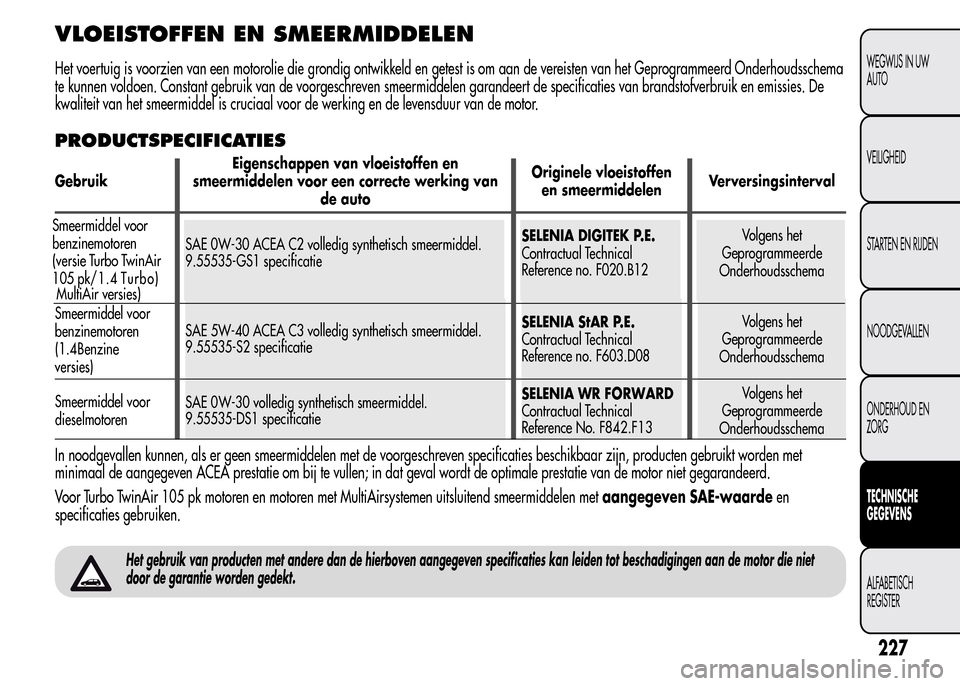 Alfa Romeo MiTo 2016 Handleiding (in Dutch) VLOEISTOFFEN EN SMEERMIDDELEN
Het voertuig is voorzien van een motorolie die grondig ontwikkeld en getest is om aan de vereisten van het Geprogrammeerd Onderhoudsschema
te kunnen voldoen. Constant geb Alfa Romeo MiTo 2016 Handleiding (in Dutch) VLOEISTOFFEN EN SMEERMIDDELEN
Het voertuig is voorzien van een motorolie die grondig ontwikkeld en getest is om aan de vereisten van het Geprogrammeerd Onderhoudsschema
te kunnen voldoen. Constant geb