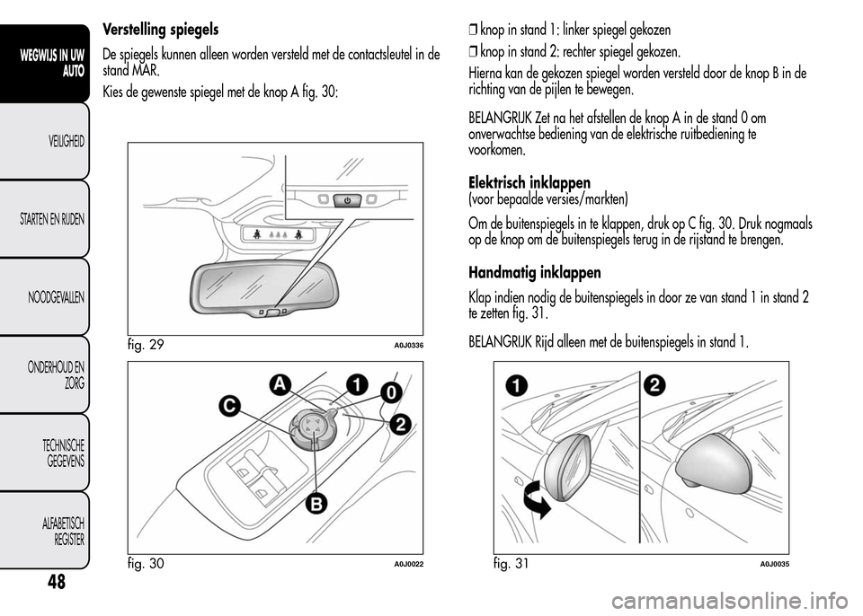 Alfa Romeo MiTo 2016 Handleiding (in Dutch) Verstelling spiegels
De spiegels kunnen alleen worden versteld met de contactsleutel in de
stand MAR.
Kies de gewenste spiegel met de knop A fig. 30:❒knop in stand 1: linker spiegel gekozen
❒knop Alfa Romeo MiTo 2016 Handleiding (in Dutch) Verstelling spiegels
De spiegels kunnen alleen worden versteld met de contactsleutel in de
stand MAR.
Kies de gewenste spiegel met de knop A fig. 30:❒knop in stand 1: linker spiegel gekozen
❒knop