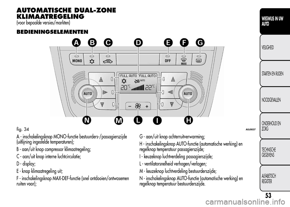 Alfa Romeo MiTo 2016 Handleiding (in Dutch) AUTOMATISCHE DUAL-ZONE
KLIMAATREGELING
(voor bepaalde versies/markten)
BEDIENINGSELEMENTEN
A - inschakelingsknop MONO-functie bestuurders-/passagierszijde
(uitlijning ingestelde temperaturen);
B - aan Alfa Romeo MiTo 2016 Handleiding (in Dutch) AUTOMATISCHE DUAL-ZONE
KLIMAATREGELING
(voor bepaalde versies/markten)
BEDIENINGSELEMENTEN
A - inschakelingsknop MONO-functie bestuurders-/passagierszijde
(uitlijning ingestelde temperaturen);
B - aan