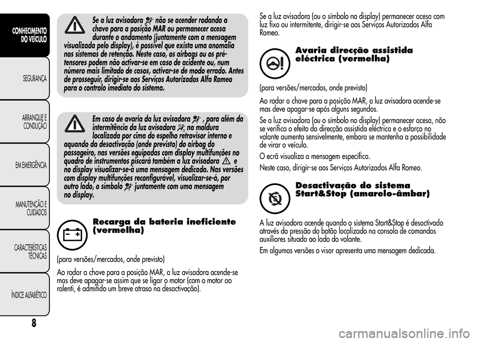 Alfa Romeo MiTo 2016 Manual do proprietário (in Portuguese) Se a luz avisadoranão se acender rodando a
chave para a posição MAR ou permanecer acesa
durante o andamento (juntamente com a mensagem
visualizada pelo display), é possivel que exista uma anomalia Alfa Romeo MiTo 2016 Manual do proprietário (in Portuguese) Se a luz avisadoranão se acender rodando a
chave para a posição MAR ou permanecer acesa
durante o andamento (juntamente com a mensagem
visualizada pelo display), é possivel que exista uma anomalia