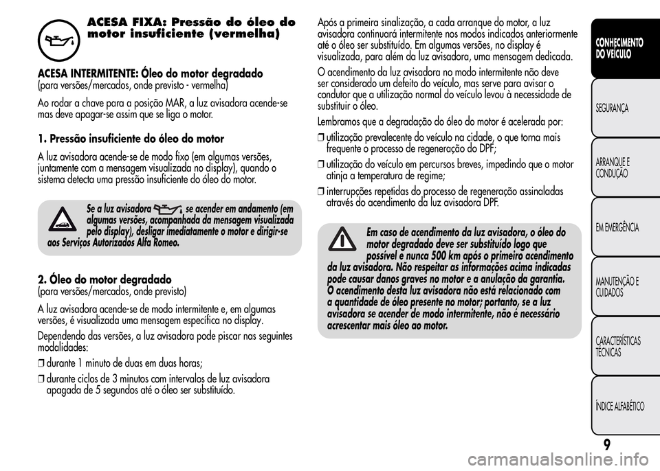 Alfa Romeo MiTo 2016  Manual do proprietário (in Portuguese) ACESA FIXA: Pressão do óleo do
motor insuficiente (vermelha)
ACESA INTERMITENTE: Óleo do motor degradado
(para versões/mercados, onde previsto - vermelha)
Ao rodar a chave para a posição MAR, a 
