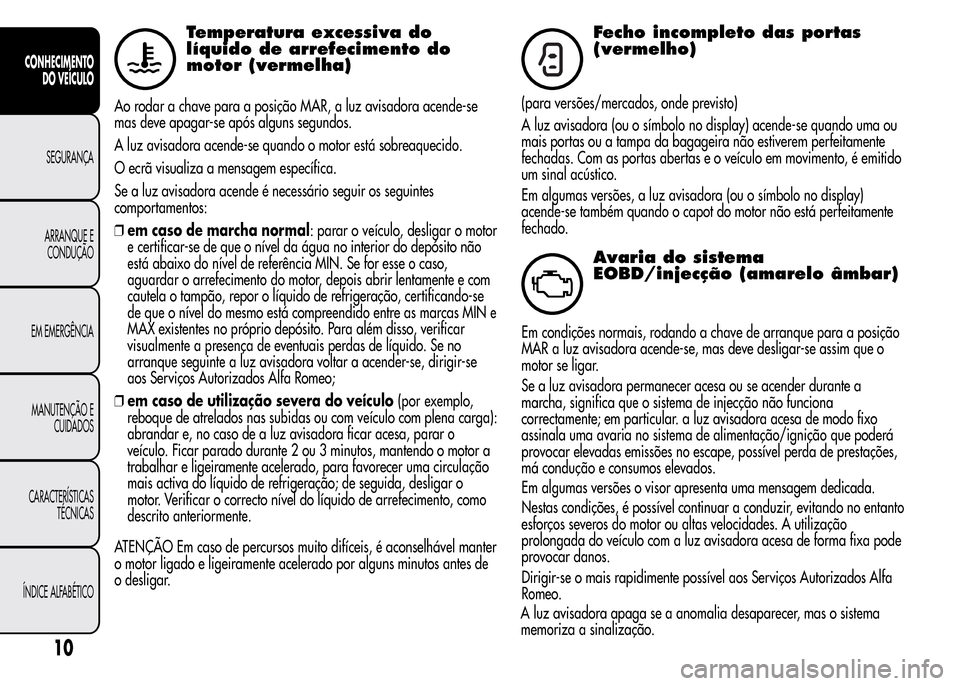 Alfa Romeo MiTo 2016 Manual do proprietário (in Portuguese) Temperatura excessiva do
líquido de arrefecimento do
motor (vermelha)
Ao rodar a chave para a posição MAR, a luz avisadora acende-se
mas deve apagar-se após alguns segundos.
A luz avisadora acende Alfa Romeo MiTo 2016 Manual do proprietário (in Portuguese) Temperatura excessiva do
líquido de arrefecimento do
motor (vermelha)
Ao rodar a chave para a posição MAR, a luz avisadora acende-se
mas deve apagar-se após alguns segundos.
A luz avisadora acende