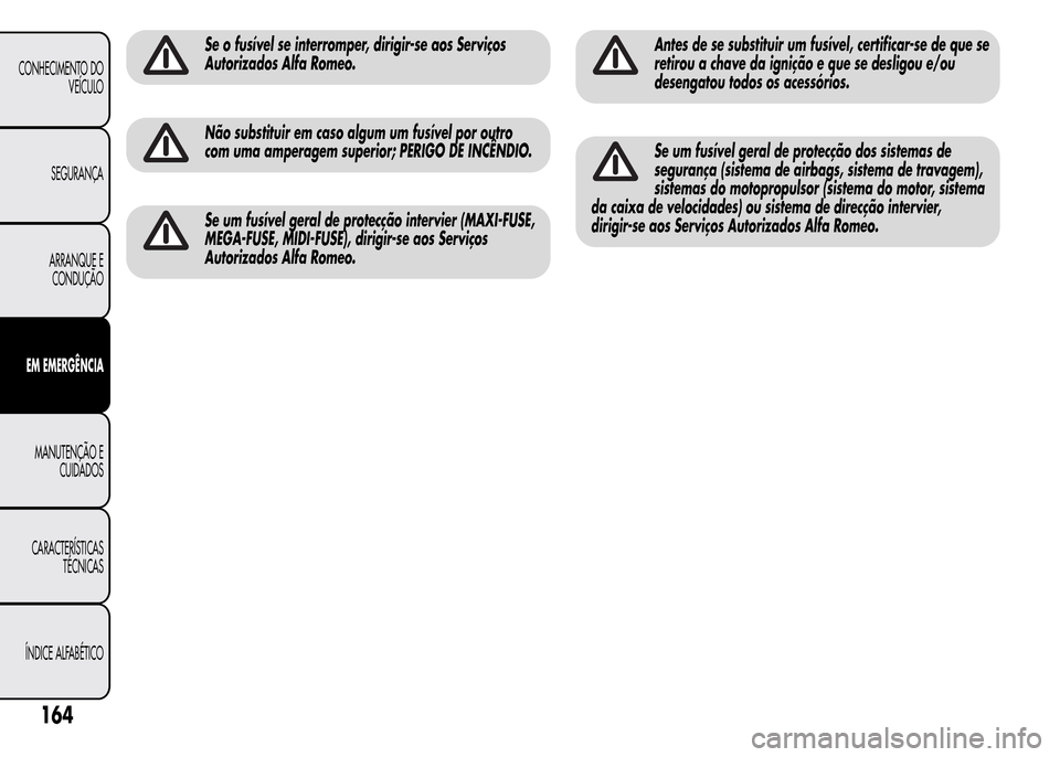 Alfa Romeo MiTo 2016  Manual do proprietário (in Portuguese) Se o fusível se interromper, dirigir-se aos Serviços
Autorizados Alfa Romeo.
Não substituir em caso algum um fusível por outro
com uma amperagem superior; PERIGO DE INCÊNDIO.
Se um fusível geral