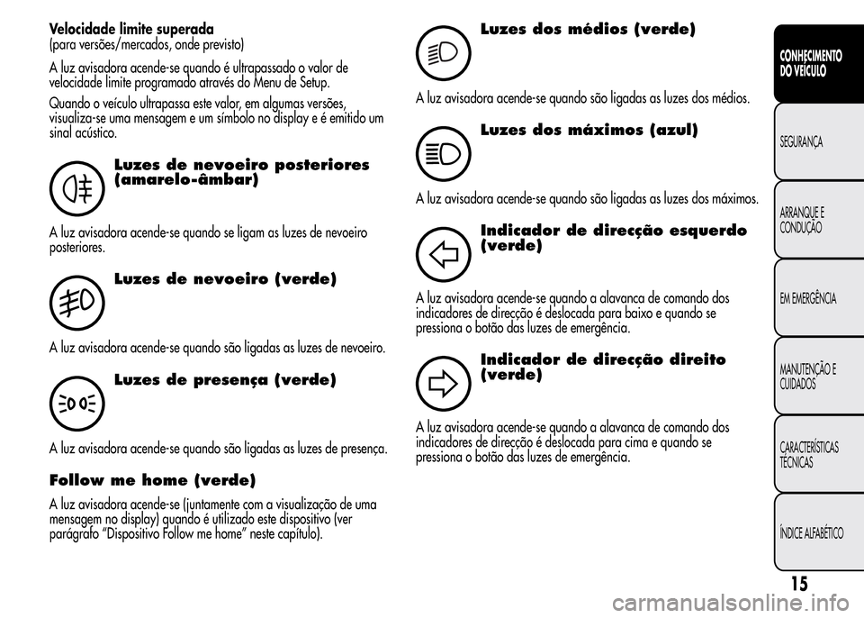 Alfa Romeo MiTo 2016 Manual do proprietário (in Portuguese) Velocidade limite superada
(para versões/mercados, onde previsto)
A luz avisadora acende-se quando é ultrapassado o valor de
velocidade limite programado através do Menu de Setup.
Quando o veículo Alfa Romeo MiTo 2016 Manual do proprietário (in Portuguese) Velocidade limite superada
(para versões/mercados, onde previsto)
A luz avisadora acende-se quando é ultrapassado o valor de
velocidade limite programado através do Menu de Setup.
Quando o veículo