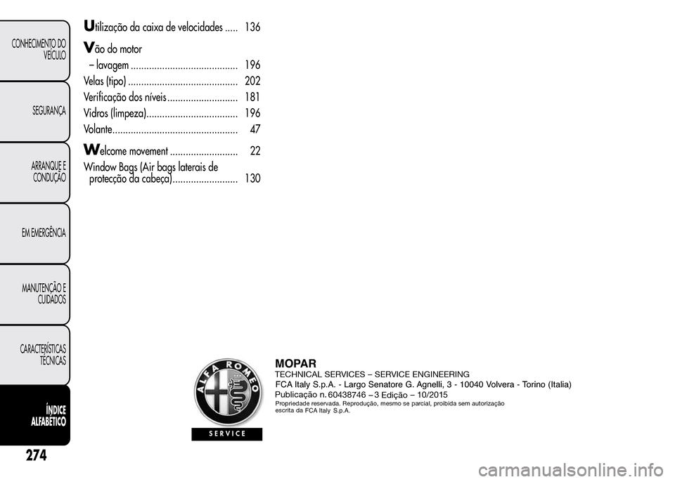 Alfa Romeo MiTo 2016  Manual do proprietário (in Portuguese) Utilização da caixa de velocidades ..... 136
Vão do motor
– lavagem ......................................... 196
Velas (tipo) .......................................... 202
Verificação dos ní