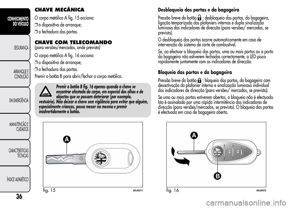 Alfa Romeo MiTo 2016  Manual do proprietário (in Portuguese) CHAVE MECÂNICA
O corpo metálico A fig. 15 acciona:
❒o dispositivo de arranque;
❒a fechadura das portas.
CHAVE COM TELECOMANDO
(para versões/mercados, onde previsto)
O corpo metálico A fig. 16 