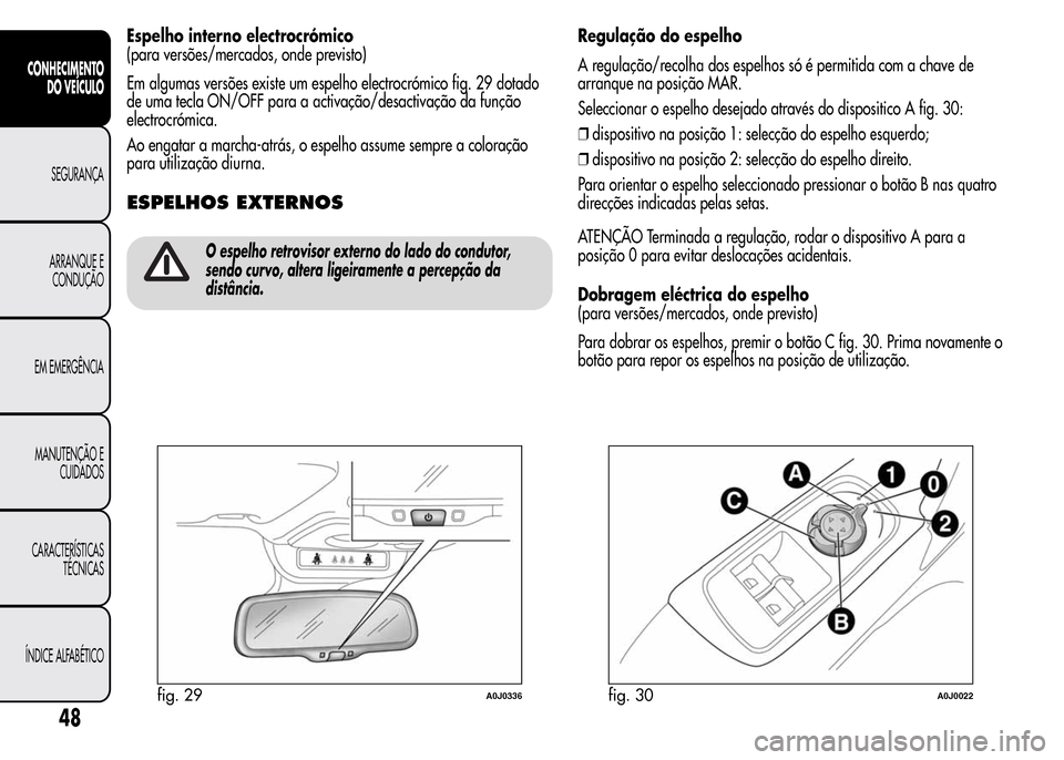 Alfa Romeo MiTo 2016  Manual do proprietário (in Portuguese) Espelho interno electrocrómico
(para versões/mercados, onde previsto)
Em algumas versões existe um espelho electrocrómico fig. 29 dotado
de uma tecla ON/OFF para a activação/desactivação da fu