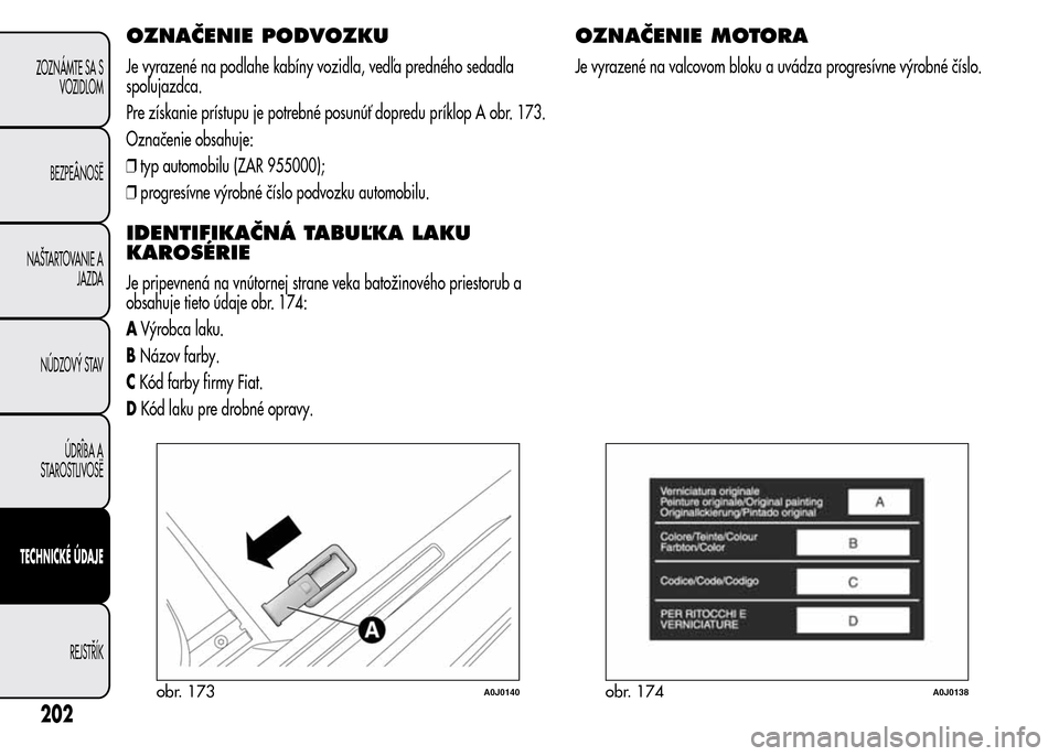 Alfa Romeo MiTo 2016 Užívateľská príručka (in Slovak) OZNAČENIE PODVOZKU
Je vyrazené na podlahe kabíny vozidla, vedľa predného sedadla
spolujazdca.
Pre získanie prístupu je potrebné posunúť dopredu príklop A obr. 173.
Označenie obsahuje:
❒t Alfa Romeo MiTo 2016 Užívateľská príručka (in Slovak) OZNAČENIE PODVOZKU
Je vyrazené na podlahe kabíny vozidla, vedľa predného sedadla
spolujazdca.
Pre získanie prístupu je potrebné posunúť dopredu príklop A obr. 173.
Označenie obsahuje:
❒t