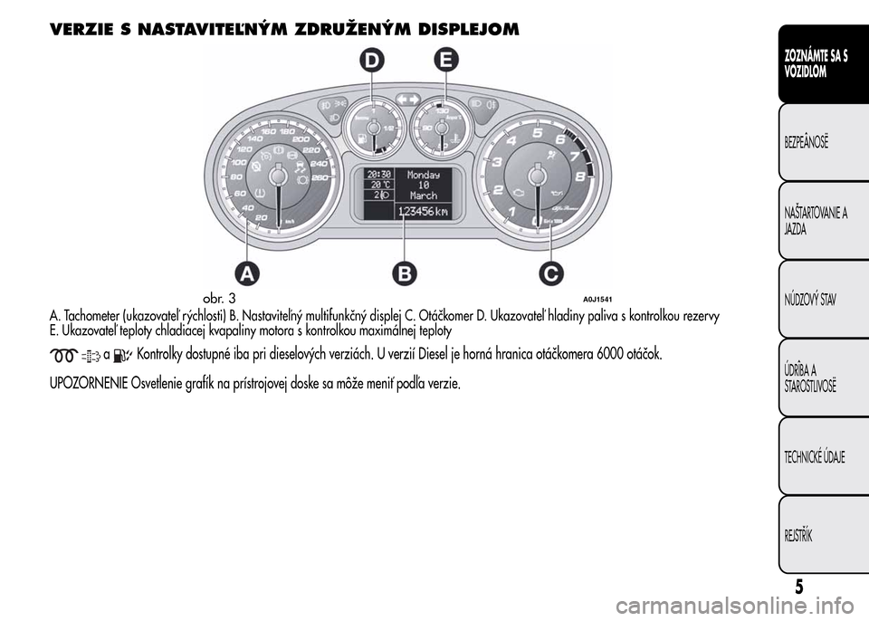 Alfa Romeo MiTo 2016  Užívateľská príručka (in Slovak) VERZIE S NASTAVITEĽNÝM ZDRUŽENÝM DISPLEJOM
A. Tachometer (ukazovateľ rýchlosti) B. Nastaviteľný multifunkčný displej C. Otáčkomer D. Ukazovateľ hladiny paliva s kontrolkou rezervy
E. Ukaz