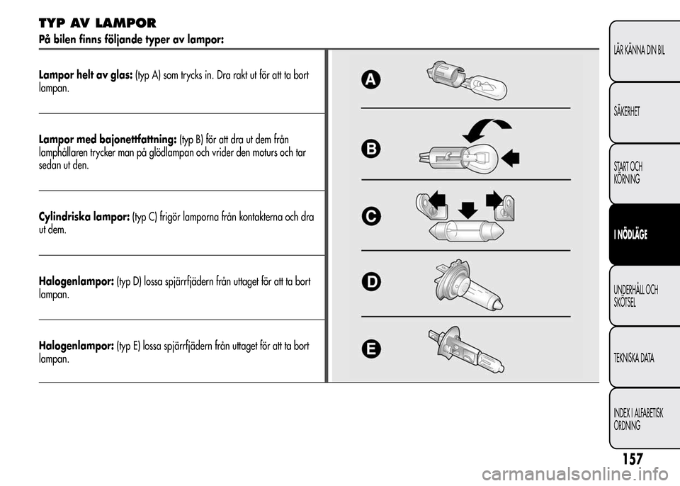 Alfa Romeo MiTo 2016 Ägarmanual (in Swedish) TYP AV LAMPOR
På bilen finns följande typer av lampor:
Lampor helt av glas:(typ A) som trycks in. Dra rakt ut för att ta bort
lampan.
Lampor med bajonettfattning:(typ B) för att dra ut dem från
l Alfa Romeo MiTo 2016 Ägarmanual (in Swedish) TYP AV LAMPOR
På bilen finns följande typer av lampor:
Lampor helt av glas:(typ A) som trycks in. Dra rakt ut för att ta bort
lampan.
Lampor med bajonettfattning:(typ B) för att dra ut dem från
l
