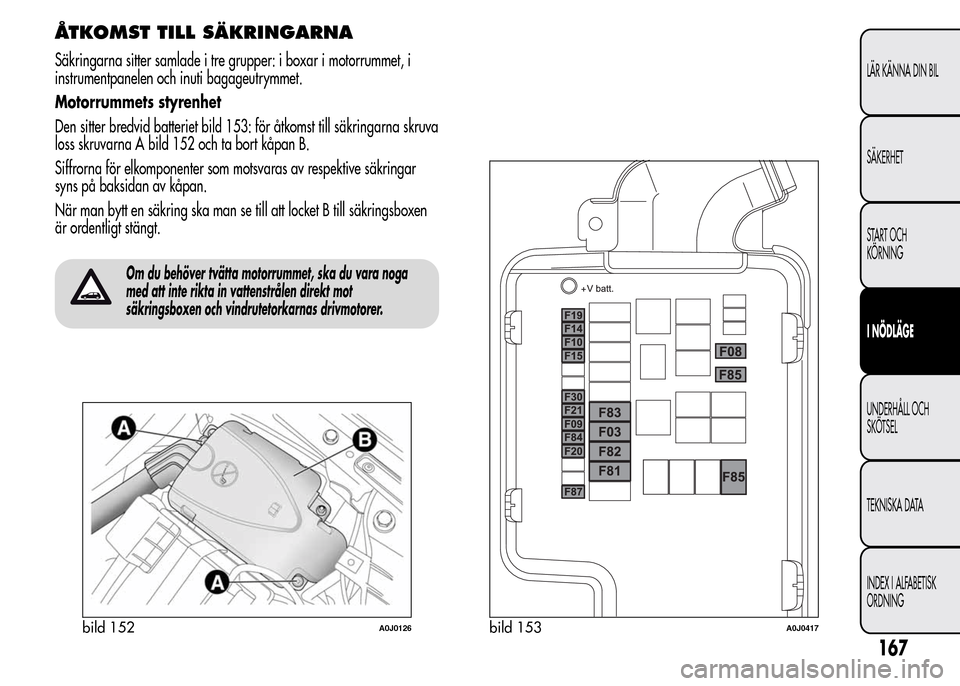 Alfa Romeo MiTo 2016 Ägarmanual (in Swedish) ÅTKOMST TILL SÄKRINGARNA
Säkringarna sitter samlade i tre grupper: i boxar i motorrummet, i
instrumentpanelen och inuti bagageutrymmet.
Motorrummets styrenhet
Den sitter bredvid batteriet bild 153: Alfa Romeo MiTo 2016 Ägarmanual (in Swedish) ÅTKOMST TILL SÄKRINGARNA
Säkringarna sitter samlade i tre grupper: i boxar i motorrummet, i
instrumentpanelen och inuti bagageutrymmet.
Motorrummets styrenhet
Den sitter bredvid batteriet bild 153: