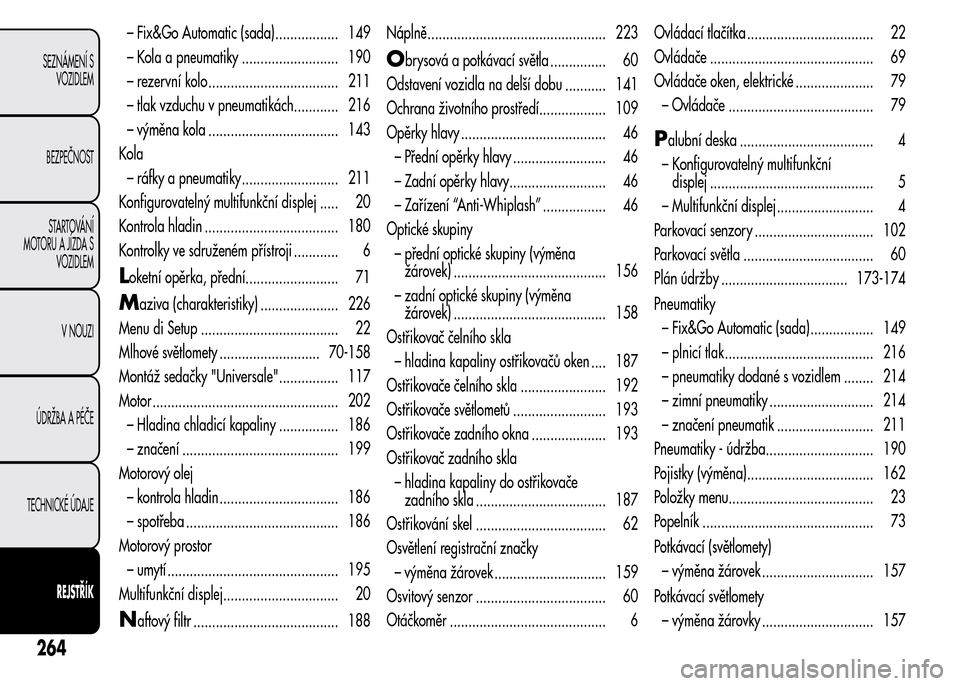 Alfa Romeo MiTo 2016  Návod k obsluze (in Czech) – Fix&Go Automatic (sada)................. 149
– Kola a pneumatiky .......................... 190
– rezervní kolo ................................... 211
– tlak vzduchu v pneumatikách.......