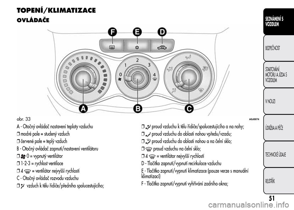 Alfa Romeo MiTo 2016 Návod k obsluze (in Czech) TOPENÍ/KLIMATIZACE
OVLÁDAČE
A - Otočný ovládač nastavení teploty vzduchu
❒modré pole = studený vzduch
❒červené pole = teplý vzduch
B - Otočný ovládač zapnutí/nastavení ventilát Alfa Romeo MiTo 2016 Návod k obsluze (in Czech) TOPENÍ/KLIMATIZACE
OVLÁDAČE
A - Otočný ovládač nastavení teploty vzduchu
❒modré pole = studený vzduch
❒červené pole = teplý vzduch
B - Otočný ovládač zapnutí/nastavení ventilát