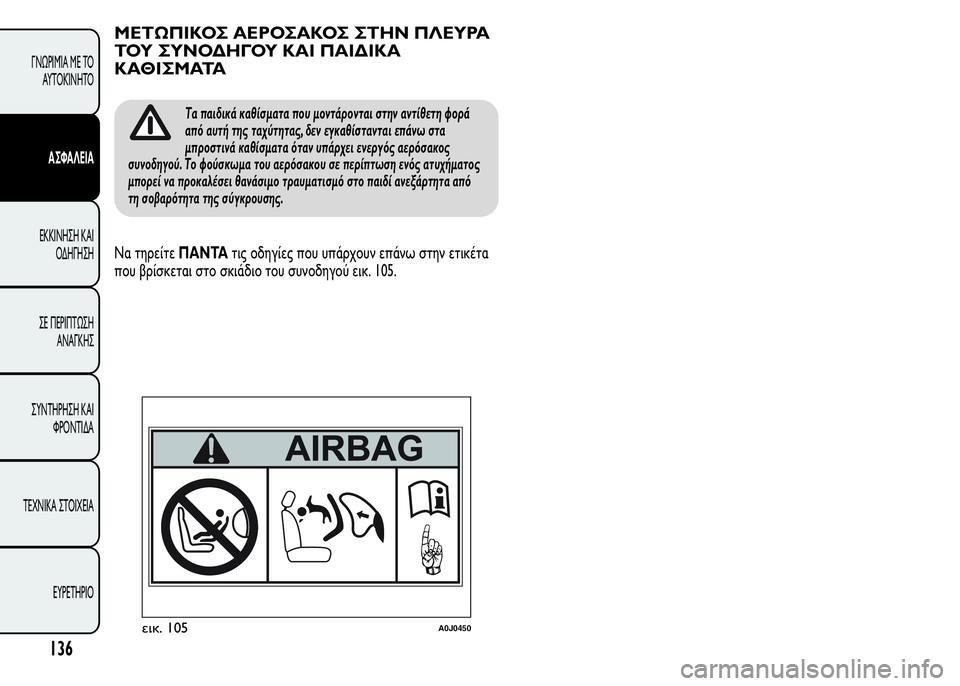 Alfa Romeo MiTo 2016 Εγχειρίδιο χρήσης (in Greek) ΜΕΤΩΠΙΚΟΣ ΑΕΡΟΣΑΚΟΣ ΣΤΗΝ ΠΛΕΥΡΑ
ΤΟΥ ΣΥΝΟΔΗΓΟΥ ΚΑΙ ΠΑΙΔΙΚΑ
ΚΑΘΙΣΜΑΤΑ
Τα παιδικά καθίσματα που μοντάρονται στ Alfa Romeo MiTo 2016 Εγχειρίδιο χρήσης (in Greek) ΜΕΤΩΠΙΚΟΣ ΑΕΡΟΣΑΚΟΣ ΣΤΗΝ ΠΛΕΥΡΑ
ΤΟΥ ΣΥΝΟΔΗΓΟΥ ΚΑΙ ΠΑΙΔΙΚΑ
ΚΑΘΙΣΜΑΤΑ
Τα παιδικά καθίσματα που μοντάρονται στ