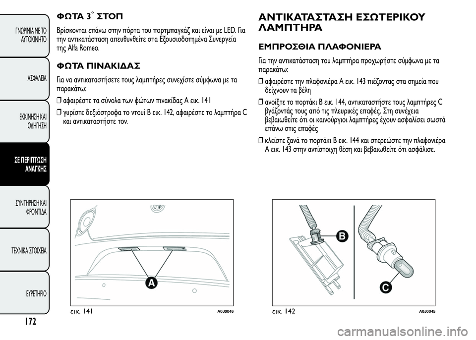 Alfa Romeo MiTo 2016  Εγχειρίδιο χρήσης (in Greek) ΦΩΤΑ 3°ΣΤΟΠ
Βρίσκονται επάνω στην πόρτα του πορτμπαγκάζ και είναι με LED. Για
την αντικατάσταση απευθυνθείτε σ
