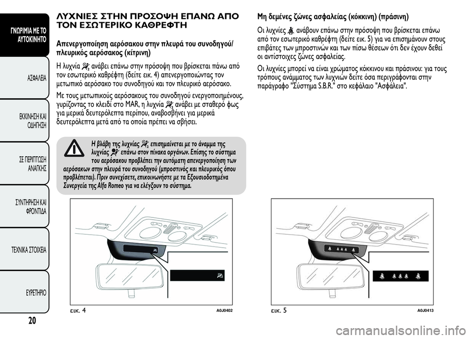 Alfa Romeo MiTo 2016  Εγχειρίδιο χρήσης (in Greek) ΛΥΧΝΙΕΣ ΣΤΗΝ ΠΡΟΣΟΨΗ ΕΠΑΝΩ ΑΠΟ
ΤΟΝ ΕΣΩΤΕΡΙΚΟ ΚΑΘΡΕΦΤΗ
Απενεργοποίηση αερόσακου στην πλευρά του συνοδηγού/
π�