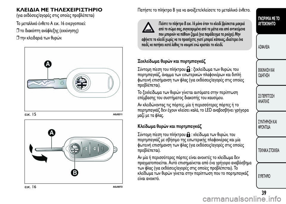 Alfa Romeo MiTo 2016  Εγχειρίδιο χρήσης (in Greek) ΚΛΕΙΔΙΑ ΜΕ ΤΗΛΕΧΕΙΡΙΣΤΗΡΙΟ
(για εκδόσεις/αγορές στις οποίες προβλέπεται)
Το μεταλλικό ένθετο A εικ. 16 ενεργοπ�