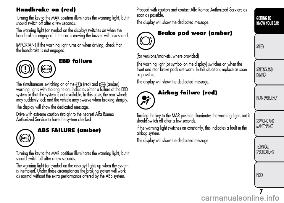 Alfa Romeo MiTo 2015 User Guide Handbrake on (red)
Turning the key to the MAR position illuminates the warning light, but it
should switch off after a few seconds.
The warning light (or symbol on the display) switches on when the
ha