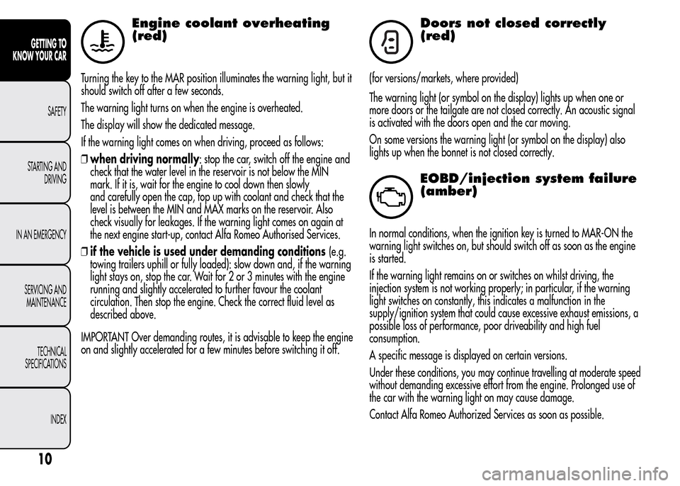 Alfa Romeo MiTo 2015 User Guide Engine coolant overheating
(red)
Turning the key to the MAR position illuminates the warning light, but it
should switch off after a few seconds.
The warning light turns on when the engine is overheat