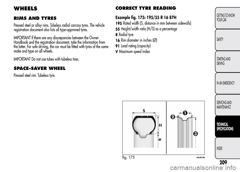 Alfa Romeo MiTo 2015 Owners Manual WHEELS
RIMS AND TYRES
Pressed steel or alloy rims. Tubeless radial carcass tyres. The vehicle
registration document also lists all type-approved tyres.
IMPORTANT If there are any discrepancies between Alfa Romeo MiTo 2015 Owners Manual WHEELS
RIMS AND TYRES
Pressed steel or alloy rims. Tubeless radial carcass tyres. The vehicle
registration document also lists all type-approved tyres.
IMPORTANT If there are any discrepancies between