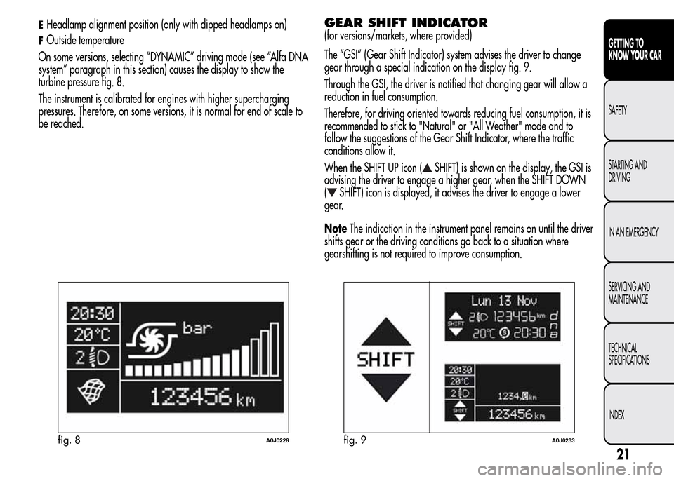 Alfa Romeo MiTo 2015 Owners Guide EHeadlamp alignment position (only with dipped headlamps on)
FOutside temperature
On some versions, selecting “DYNAMIC” driving mode (see “Alfa DNA
system” paragraph in this section) causes th