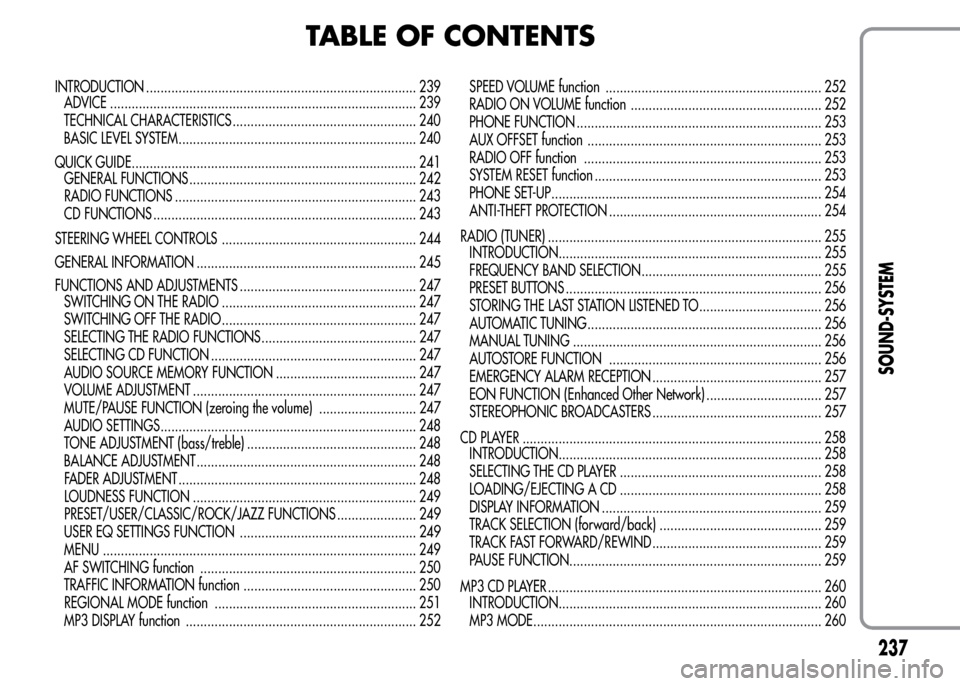 Alfa Romeo MiTo 2015  Owners Manual TABLE OF CONTENTS
INTRODUCTION ........................................................................... 239
ADVICE ..................................................................................