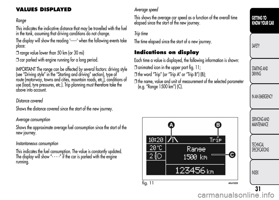 Alfa Romeo MiTo 2015  Owners Manual VALUES DISPLAYED
Range
This indicates the indicative distance that may be travelled with the fuel
in the tank, assuming that driving conditions do not change.
The display will show the reading -----