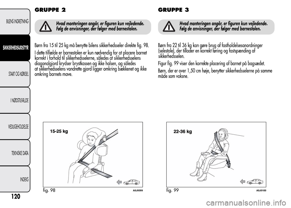 Alfa Romeo MiTo 2015  Instruktionsbog (in Danish) GRUPPE 2
Hvad monteringen angår, er figuren kun vejledende.
Følg de anvisninger, der følger med barnestolen.
Børn fra 15 til 25 kg må benytte bilens sikkerhedsseler direkte fig. 98.
I dette tilf