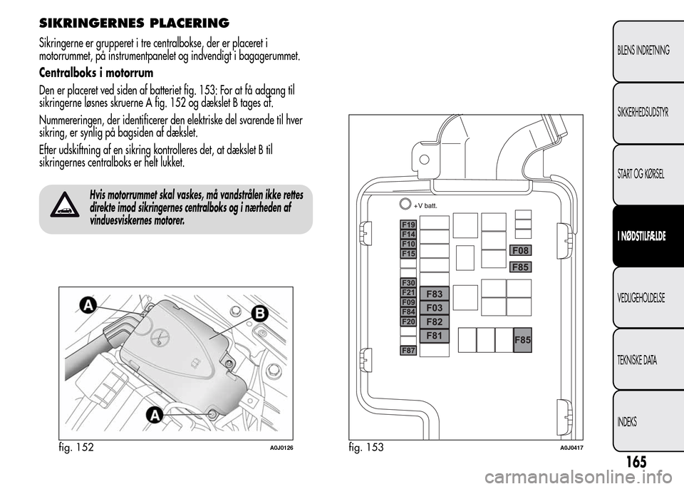 Alfa Romeo MiTo 2015 Instruktionsbog (in Danish) SIKRINGERNES PLACERING
Sikringerne er grupperet i tre centralbokse, der er placeret i
motorrummet, på instrumentpanelet og indvendigt i bagagerummet.
Centralboks i motorrum
Den er placeret ved siden Alfa Romeo MiTo 2015 Instruktionsbog (in Danish) SIKRINGERNES PLACERING
Sikringerne er grupperet i tre centralbokse, der er placeret i
motorrummet, på instrumentpanelet og indvendigt i bagagerummet.
Centralboks i motorrum
Den er placeret ved siden