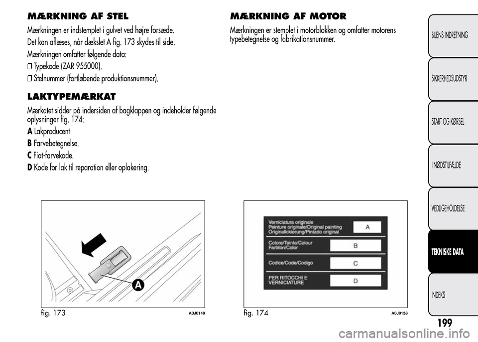 Alfa Romeo MiTo 2015  Instruktionsbog (in Danish) MÆRKNING AF STEL
Mærkningen er indstemplet i gulvet ved højre forsæde.
Det kan aflæses, når dækslet A fig. 173 skydes til side.
Mærkningen omfatter følgende data:
❒Typekode (ZAR 955000).
