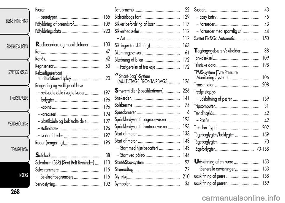 Alfa Romeo MiTo 2015  Instruktionsbog (in Danish) Pærer
– pæretyper ....................................... 155
Påfyldning af brændstof ........................ 109
Påfyldningsdata ................................... 223
Radiosendere og mobilt