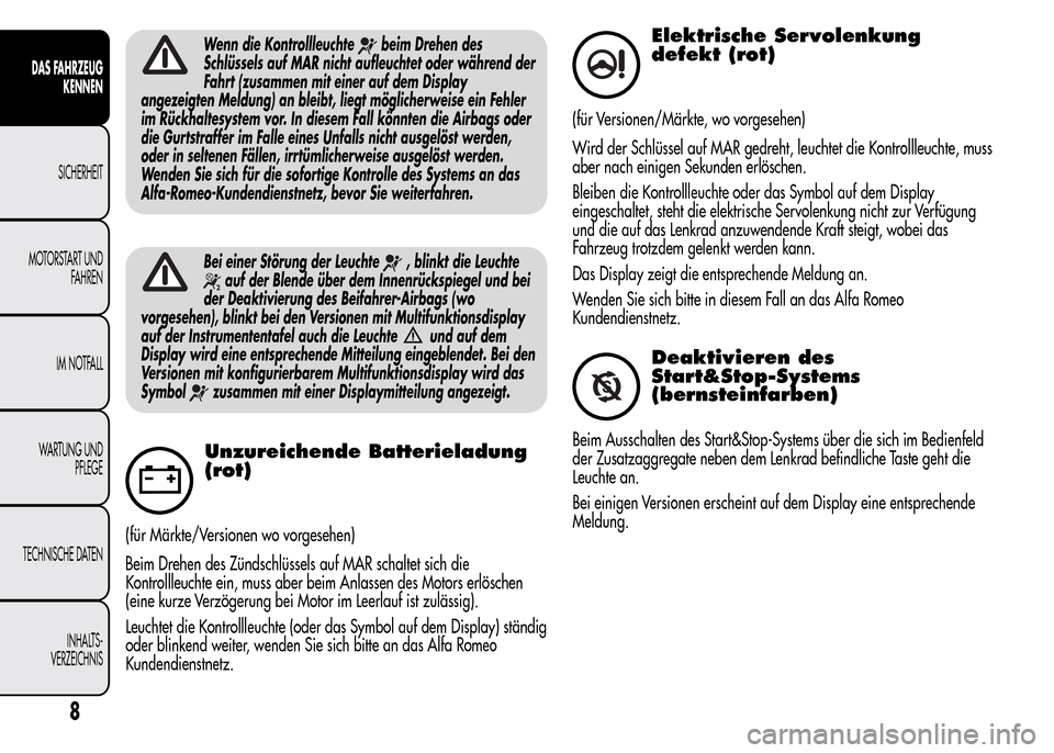 Alfa Romeo MiTo 2015 Betriebsanleitung (in German) Wenn die Kontrollleuchtebeim Drehen des
Schlüssels auf MAR nicht aufleuchtet oder während der
Fahrt (zusammen mit einer auf dem Display
angezeigten Meldung) an bleibt, liegt möglicherweise ein Fehl Alfa Romeo MiTo 2015 Betriebsanleitung (in German) Wenn die Kontrollleuchtebeim Drehen des
Schlüssels auf MAR nicht aufleuchtet oder während der
Fahrt (zusammen mit einer auf dem Display
angezeigten Meldung) an bleibt, liegt möglicherweise ein Fehl