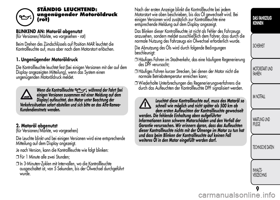 Alfa Romeo MiTo 2015 Betriebsanleitung (in German) STÄNDIG LEUCHTEND:
ungenügender Motoröldruck
(rot)
BLINKEND AN: Motoröl abgenutzt
(für Versionen/Märkte, wo vorgesehen - rot)
Beim Drehen des Zündschlüssels auf Position MAR leuchtet die
Kontr Alfa Romeo MiTo 2015 Betriebsanleitung (in German) STÄNDIG LEUCHTEND:
ungenügender Motoröldruck
(rot)
BLINKEND AN: Motoröl abgenutzt
(für Versionen/Märkte, wo vorgesehen - rot)
Beim Drehen des Zündschlüssels auf Position MAR leuchtet die
Kontr