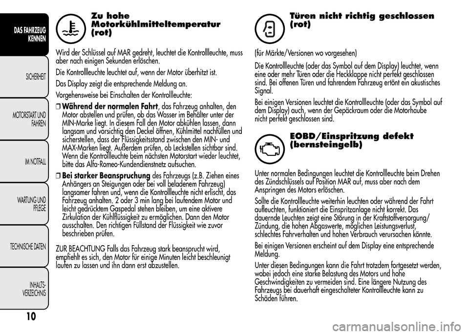 Alfa Romeo MiTo 2015 Betriebsanleitung (in German) Zu hohe
Motorkühlmitteltemperatur
(rot)
Wird der Schlüssel auf MAR gedreht, leuchtet die Kontrollleuchte, muss
aber nach einigen Sekunden erlöschen.
Die Kontrollleuchte leuchtet auf, wenn der Motor Alfa Romeo MiTo 2015 Betriebsanleitung (in German) Zu hohe
Motorkühlmitteltemperatur
(rot)
Wird der Schlüssel auf MAR gedreht, leuchtet die Kontrollleuchte, muss
aber nach einigen Sekunden erlöschen.
Die Kontrollleuchte leuchtet auf, wenn der Motor
