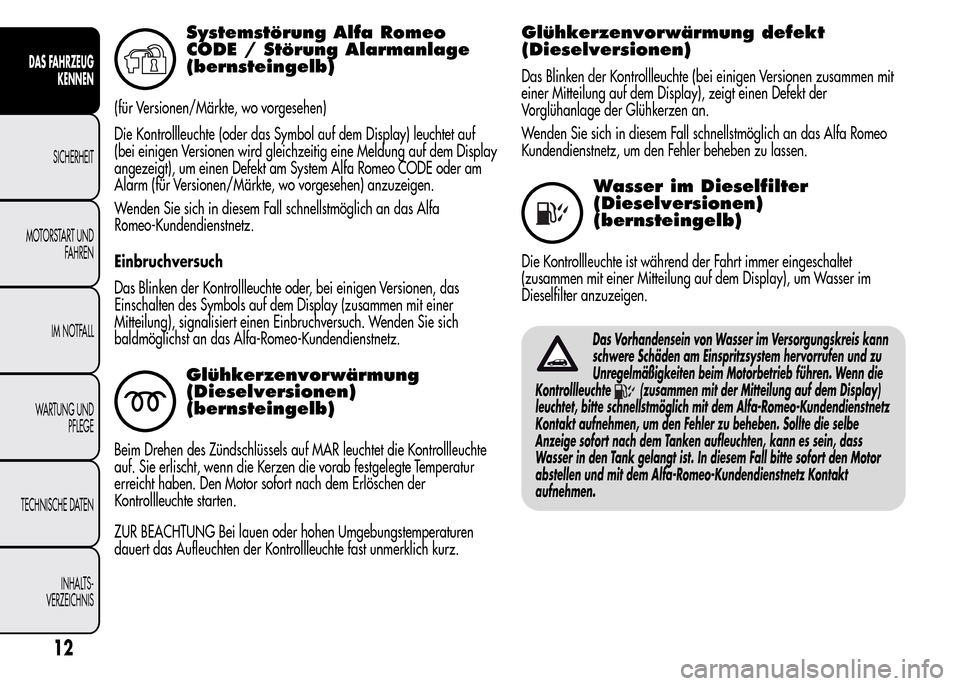 Alfa Romeo MiTo 2015 Betriebsanleitung (in German) Systemstörung Alfa Romeo
CODE / Störung Alarmanlage
(bernsteingelb)
(für Versionen/Märkte, wo vorgesehen)
Die Kontrollleuchte (oder das Symbol auf dem Display) leuchtet auf
(bei einigen Versionen Alfa Romeo MiTo 2015 Betriebsanleitung (in German) Systemstörung Alfa Romeo
CODE / Störung Alarmanlage
(bernsteingelb)
(für Versionen/Märkte, wo vorgesehen)
Die Kontrollleuchte (oder das Symbol auf dem Display) leuchtet auf
(bei einigen Versionen