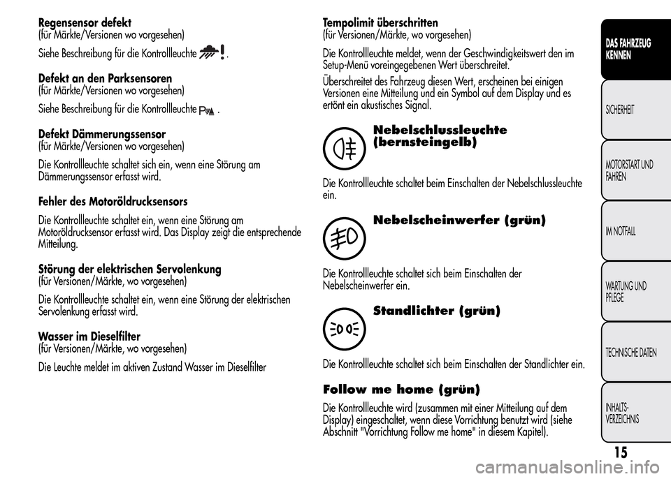 Alfa Romeo MiTo 2015 Betriebsanleitung (in German) Regensensor defekt
(für Märkte/Versionen wo vorgesehen)
Siehe Beschreibung für die Kontrollleuchte
.
Defekt an den Parksensoren
(für Märkte/Versionen wo vorgesehen)
Siehe Beschreibung für die Ko Alfa Romeo MiTo 2015 Betriebsanleitung (in German) Regensensor defekt
(für Märkte/Versionen wo vorgesehen)
Siehe Beschreibung für die Kontrollleuchte
.
Defekt an den Parksensoren
(für Märkte/Versionen wo vorgesehen)
Siehe Beschreibung für die Ko