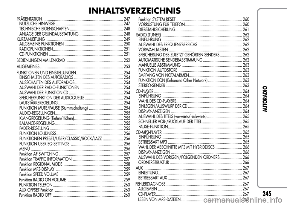 Alfa Romeo MiTo 2015  Betriebsanleitung (in German) INHALTSVERZEICHNIS
PRÄSENTATION ............................................................................ 247
NÜTZLICHE HINWEISE ............................................................... 24