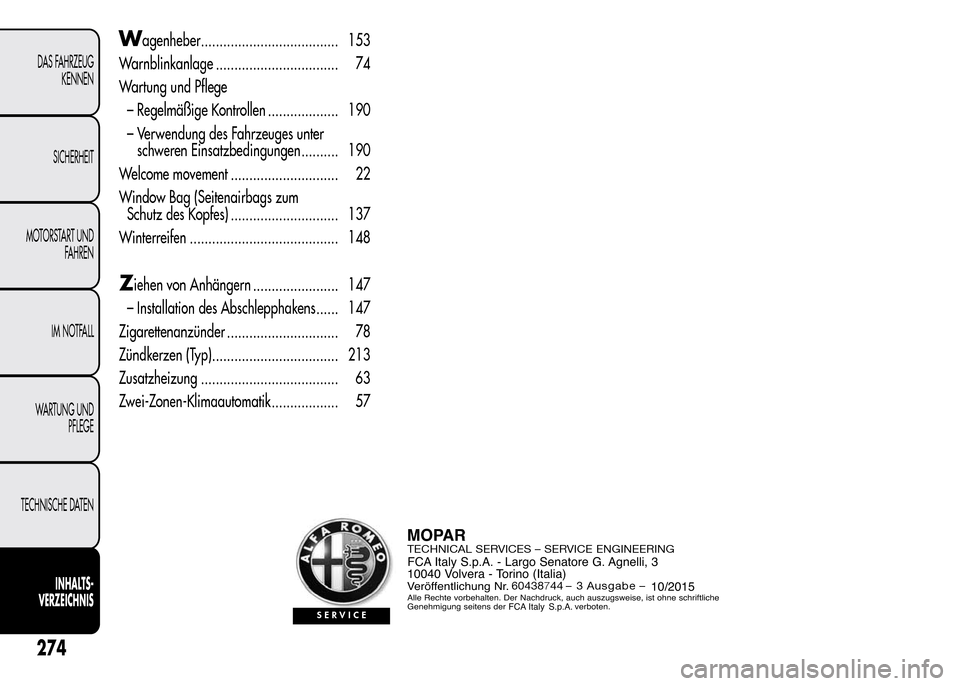 Alfa Romeo MiTo 2015 Betriebsanleitung (in German) Wagenheber..................................... 153
Warnblinkanlage ................................. 74
Wartung und Pflege
– Regelmäßige Kontrollen ................... 190
– Verwendung des Fahr Alfa Romeo MiTo 2015 Betriebsanleitung (in German) Wagenheber..................................... 153
Warnblinkanlage ................................. 74
Wartung und Pflege
– Regelmäßige Kontrollen ................... 190
– Verwendung des Fahr