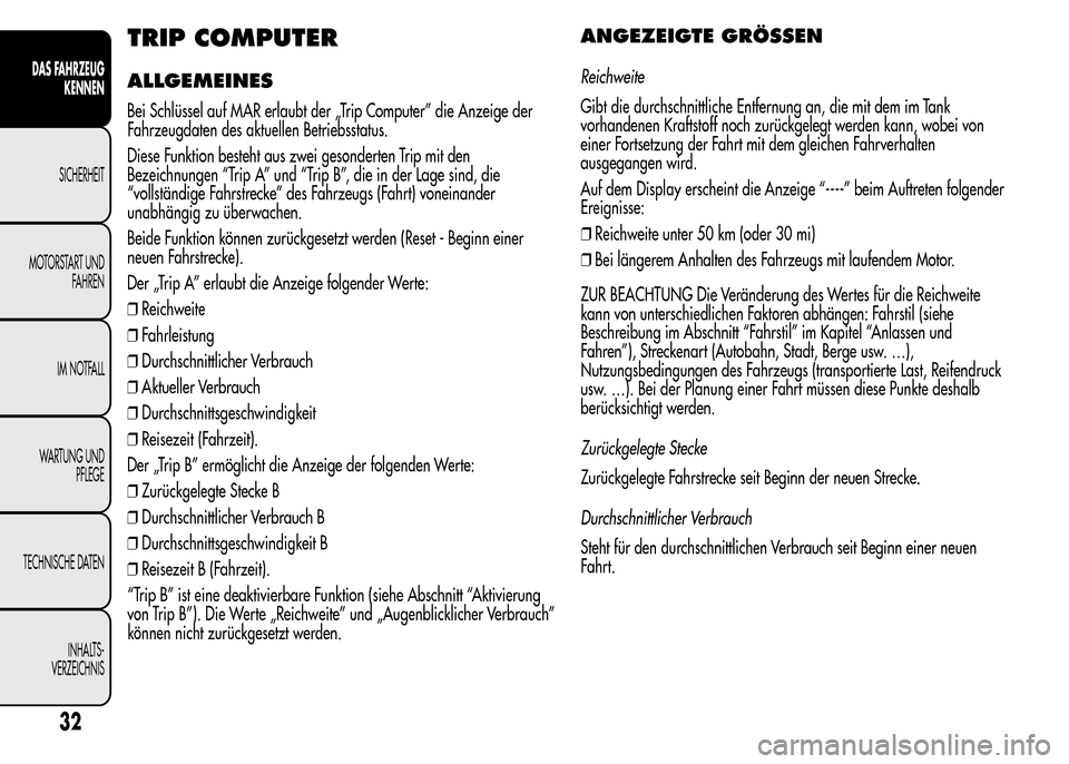 Alfa Romeo MiTo 2015 Betriebsanleitung (in German) TRIP COMPUTER
ALLGEMEINES
Bei Schlüssel auf MAR erlaubt der „Trip Computer” die Anzeige der
Fahrzeugdaten des aktuellen Betriebsstatus.
Diese Funktion besteht aus zwei gesonderten Trip mit den
Be Alfa Romeo MiTo 2015 Betriebsanleitung (in German) TRIP COMPUTER
ALLGEMEINES
Bei Schlüssel auf MAR erlaubt der „Trip Computer” die Anzeige der
Fahrzeugdaten des aktuellen Betriebsstatus.
Diese Funktion besteht aus zwei gesonderten Trip mit den
Be