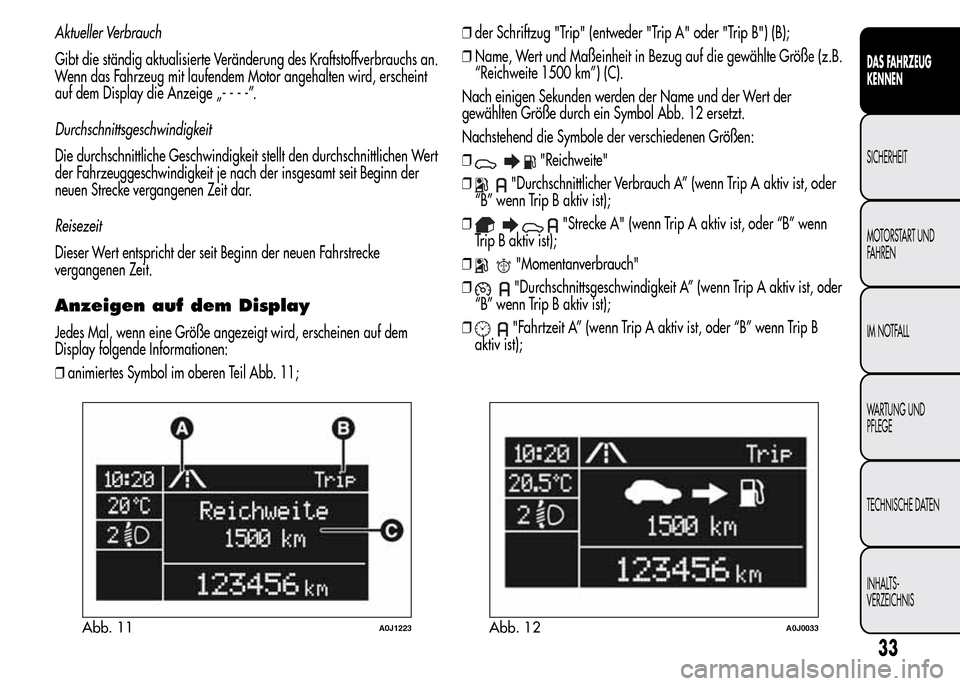 Alfa Romeo MiTo 2015 Betriebsanleitung (in German) Aktueller Verbrauch
Gibt die ständig aktualisierte Veränderung des Kraftstoffverbrauchs an.
Wenn das Fahrzeug mit laufendem Motor angehalten wird, erscheint
auf dem Display die Anzeige „----”.
D Alfa Romeo MiTo 2015 Betriebsanleitung (in German) Aktueller Verbrauch
Gibt die ständig aktualisierte Veränderung des Kraftstoffverbrauchs an.
Wenn das Fahrzeug mit laufendem Motor angehalten wird, erscheint
auf dem Display die Anzeige „----”.
D