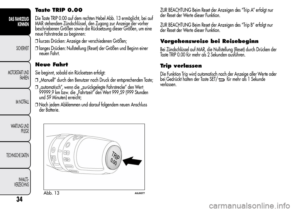 Alfa Romeo MiTo 2015 Betriebsanleitung (in German) Taste TRIP 0.00
Die Taste TRIP 0.00 auf dem rechten Hebel Abb. 13 ermöglicht, bei auf
MAR stehendem Zündschlüssel, den Zugang zur Anzeige der vorher
beschriebenen Größen sowie die Rücksetzung di Alfa Romeo MiTo 2015 Betriebsanleitung (in German) Taste TRIP 0.00
Die Taste TRIP 0.00 auf dem rechten Hebel Abb. 13 ermöglicht, bei auf
MAR stehendem Zündschlüssel, den Zugang zur Anzeige der vorher
beschriebenen Größen sowie die Rücksetzung di